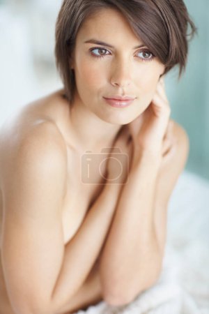 Photo for Sexy body, topless or boobs with woman in bedroom for sensual, home erotic and feminine beauty. Relax, seductive and confident nude girl with arms covering breasts in temptation, art deco or flirting. - Royalty Free Image