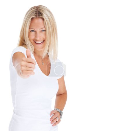 Photo for Thumbs up, woman and happy portrait in studio for vote, goal or support. Face of female model isolated on a white background to show hands, sign or emoji icon for like review, feedback or thank you. - Royalty Free Image