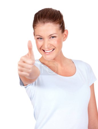 Photo for Happy woman, portrait smile and thumbs up for good job, winning or success against a white studio background. Female person smiling showing thumb emoji, yes sign or like for approval or agreement. - Royalty Free Image