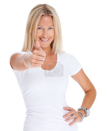 Photo for Woman, thumbs up and happy portrait in studio for achievement, goal or support. Face of female model isolated on a white background to show hands, sign or emoji for like review, opinion or thank you. - Royalty Free Image