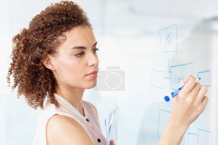Photo for Serious, business woman and writing in planning for schedule, brainstorming or strategy at the office. Focused female employee working on project plan, tasks or coaching on whiteboard at workplace. - Royalty Free Image