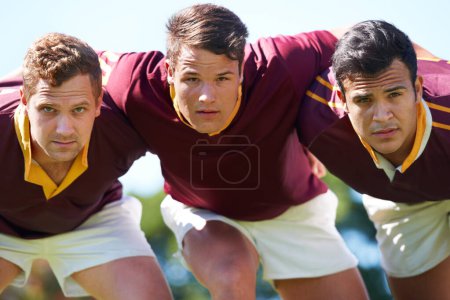Photo for Rugby, sports and men for team portrait outdoor on pitch for scrum, hug or teamwork. Male athlete group playing together in sport competition, game or training match for fitness, workout or exercise. - Royalty Free Image