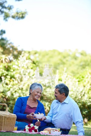 Foto de Ensalada de frutas, mi amor. una pareja de ancianos disfrutando de un picnic juntos al aire libre - Imagen libre de derechos