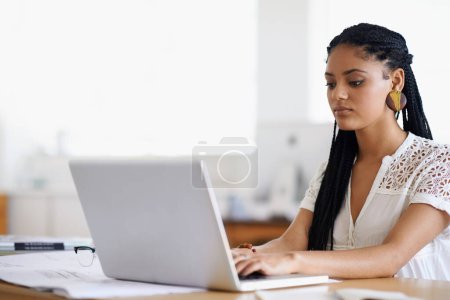 Photo for Journalist, typing or girl with laptop for research working on online business or copywriting in digital agency. Computer or focused biracial woman searching for blog content, email or article site. - Royalty Free Image