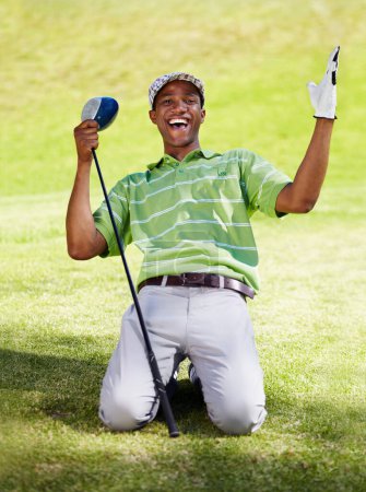 Photo for Portrait, golf and black man with celebration for winning in game, match or competition on golfing course. Sports, excited or winner golfer athlete cheering on grass for training, fitness or practice. - Royalty Free Image