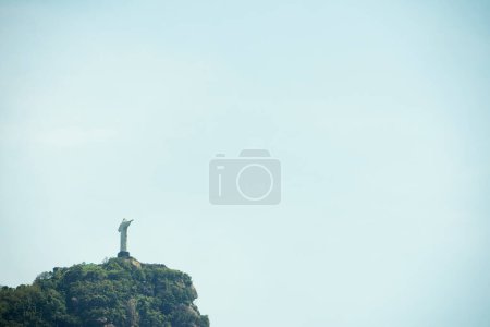Photo for Brazil, statue and Christ the Redeemer on sky background for tourism, sightseeing and global destination. Travel mockup, Rio de Janeiro and drone view of monument, sculpture and landmark on mountain. - Royalty Free Image