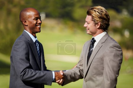 Photo for Happy business men, shaking hands and outdoor for agreement, welcome or teamwork in diversity. Businessman, hand shake and smile in collaboration, deal or excited for partnership meeting or thank you. - Royalty Free Image