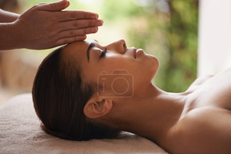 Photo for Girl, hands or head massage in spa hotel for zen resting, sleeping wellness or relaxing physical therapy. Calm, eyes closed or woman in beauty salon to exfoliate for facial healing treatment or detox. - Royalty Free Image