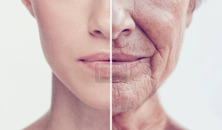 Photo for Comparison, old and young women faces in studio for skincare, wrinkles and anti aging care. Face, mouth and half closeup of different ladies with youth, fine lines or cosmetic results for skin change. - Royalty Free Image