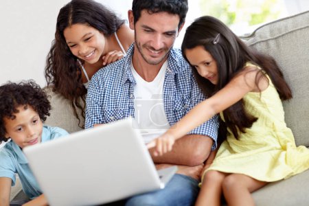 Photo for Laptop, pointing and happy family father, children or people gesture at online website, social network video or meme. Smile, love and group of kids with papa streaming home subscription movie. - Royalty Free Image