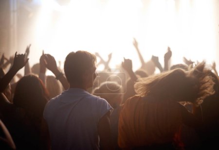 Téléchargez les photos : Les fans, les gens qui dansent au festival de musique de dos, la lumière de la scène et l'énergie lors d'un concert en direct. Danse, amusement et foule excitée dans l'arène à la performance du groupe de rock ou public au spectacle ou techno rave party. - en image libre de droit