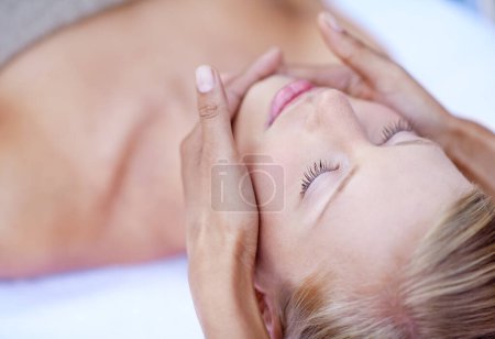 Photo for Relax, massage and facial, woman at spa for health and wellness in luxury treatment with eyes closed. Beauty salon, professional skin care therapist and healthy face of girl with cosmetic therapy - Royalty Free Image