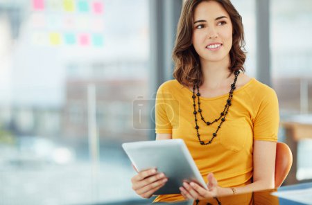 Photo for Business woman is thinking with tablet in office, ideas and inspiration for project with focus at digital marketing agency. Creative female designer, think of content for website and tech with mockup. - Royalty Free Image