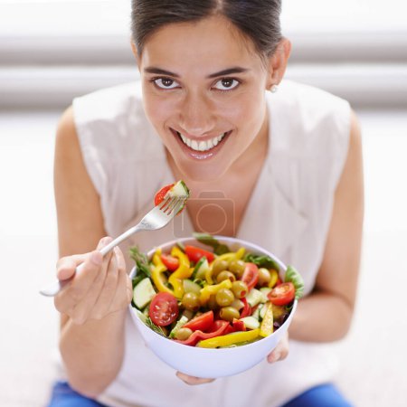 Photo for Happy woman, portrait smile and salad for healthy diet, food or nutrition eating at home. Female vegan with bowl, fork or vegetables smiling in happiness for natural health, lose weight or wellness. - Royalty Free Image