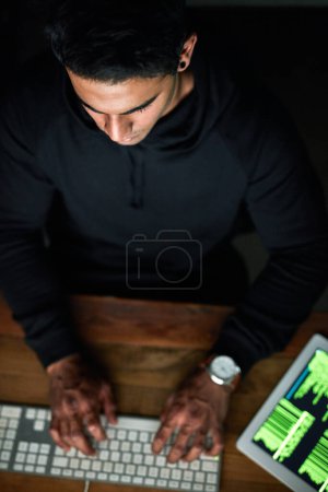 Photo for Hacker, man and computer keyboard in night programming, coding software or password hacking, tablet and dark room. Online code, cyber security and programmer person hacking data on digital tech above. - Royalty Free Image