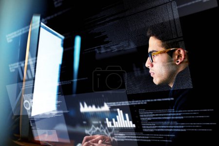 Photo for Computer, data overlay and man for digital programming, night software update or information technology. Focus, research and geek or programmer person on desktop screen or website cybersecurity. - Royalty Free Image