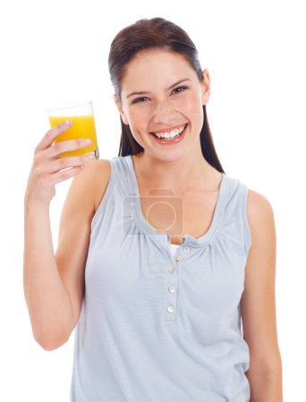 Photo for Orange juice, happy portrait and studio woman with drink glass for hydration, liquid detox or natural weight loss. Healthcare wellness, nutritionist beverage and model isolated on white background. - Royalty Free Image