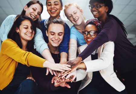 Photo for Teamwork, support and people hands stacked for collaboration, target or team building, solidarity and diversity group. Circle, happy and business women and men with together sign and startup mission. - Royalty Free Image