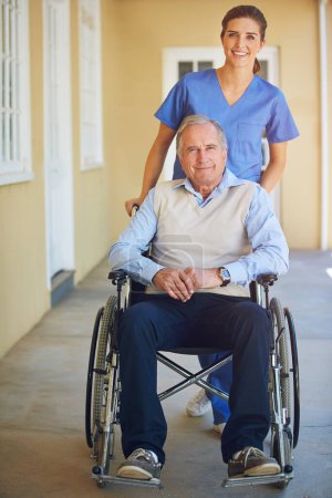 Photo for Portrait, caregiver or old man in wheelchair in hospital helping an elderly patient for support in clinic. Happy, medical nurse or healthcare social worker talking to a senior person with disability. - Royalty Free Image