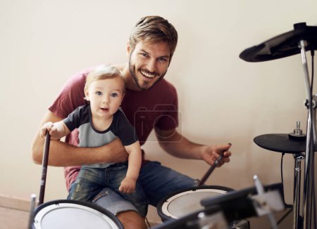 Photo for Cool father, baby portrait and drummer musician with music development and child learning. Home, happiness and kid with youth drumming lesson with a smile, love and parent care at a family house. - Royalty Free Image