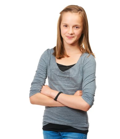 Photo for Teenager, girl and portrait smile with arms crossed standing isolated against a white studio background. Young female teen person or model smiling and posing in confidence with casual clothing. - Royalty Free Image