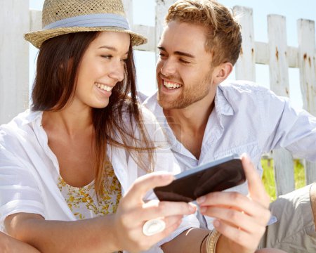 Photo for Happy couple, bonding or smartphone in travel location, holiday vacation or Italy destination break. Smile, man or woman on mobile photography technology for social media, profile picture or vlogging. - Royalty Free Image