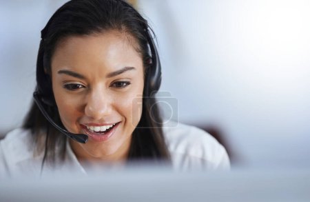 Photo for Talking, face or happy woman in call center consulting or speaking at customer services help desk. Virtual assistant, friendly girl or sales consultant in telemarketing or telecom company office. - Royalty Free Image