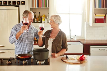 Photo for Toast, wine or happy old couple cooking food for a healthy vegan diet together with love in retirement at home. Cheers or senior woman drinking in house kitchen to celebrate with husband at dinner. - Royalty Free Image