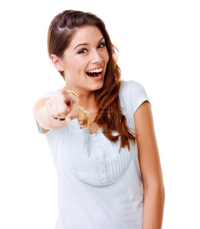 Laugh, bullying and woman pointing with smile in studio on white background for humor, shame and mocking. Body language, mean and portrait of girl point finger for attitude, reaction and laughing.