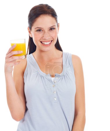 Photo for Orange juice, studio portrait and woman with drink glass for body hydration, liquid detox or natural weight loss. Wellness smile, nutritionist beverage and female person isolated on white background. - Royalty Free Image