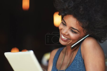 Photo for Restaurant, phone call and happy woman reading tablet date, online statistics or taking to delivery order. Entrepreneur discussion, happiness or store manager consulting in store, coffee shop or cafe. - Royalty Free Image