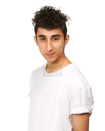 Photo for Fashion, confident and portrait of man in studio with confidence, attractive and pride on white background. Youth, smirk and face of isolated handsome young male person with trendy casual clothes. - Royalty Free Image