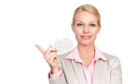 Photo for Portrait, pointing and woman with mockup, business and entrepreneur isolated against white studio background. Face, female person or consultant with hand gesture, decision or opportunity with choices. - Royalty Free Image