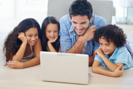 Photo for Laptop, relax on floor and dad and children watching social media video, online website or family movies. Adoption, bonding and happy family kids with father streaming home broadcast film on pc. - Royalty Free Image