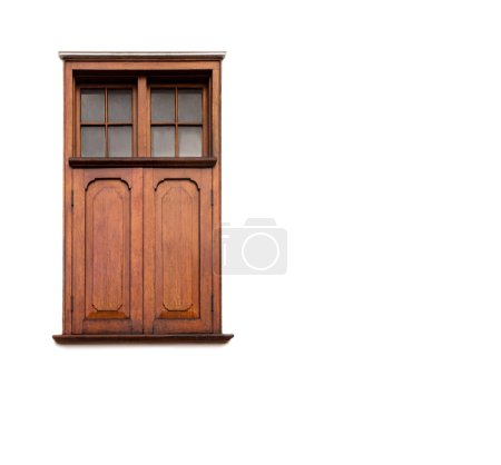 Photo for Door, wood and isolated home design in a studio with white background and architecture. Vintage, retro and woodwork of doors and window with frame and glass of shutter with mockup and wooden detail. - Royalty Free Image