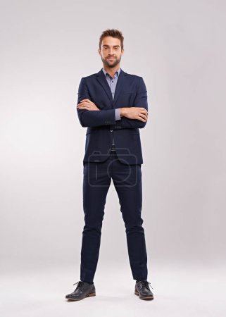 Photo for Full body portrait of business man, arms crossed with confidence isolated on studio background. Professional mindset, career success and mockup space with corporate male employee and leadership. - Royalty Free Image