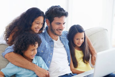 Photo for Laptop, happy family dad and children watching social media video, online entertainment show or kid friendly movies. Together, hug and relax kids with father streaming home subscription movie. - Royalty Free Image