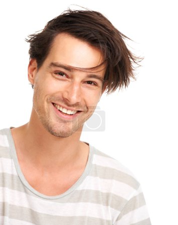 Photo for Happy, messy hair and portrait of man in studio for casual, trendy and cool fashion. Happiness, edgy and confidant with face of male model isolated on white background for geek, youth and style. - Royalty Free Image
