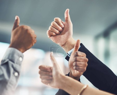 Photo for Business people, hands and thumbs up for winning, success or company goals in teamwork at office. Hand of employee group showing thumb emoji, yes sign or like for team unity, win or victory together. - Royalty Free Image