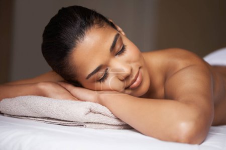 Photo for Girl, sleeping or massage in hotel to relax for zen resting or wellness physical therapy in calm luxury spa. Woman with eyes closed in salon for body healing treatment or natural holistic detox care. - Royalty Free Image