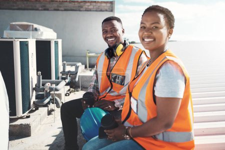 Photo for Portrait, engineer team and black people on coffee break at construction site. Smile, architects and man and woman relax with tea after building project, working or engineering collaboration in city - Royalty Free Image