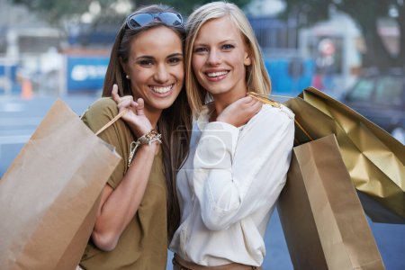 Photo for Shopping bag, urban portrait and happy people, friends or customer on retail spree for boutique sales, fashion or clothes. Discount promotion deal, store present gift and city women with mall product. - Royalty Free Image