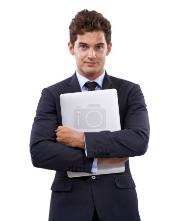 Foto de Su portátil de confianza. Un joven hombre de negocios guapo agarrando su portátil firmemente - Imagen libre de derechos