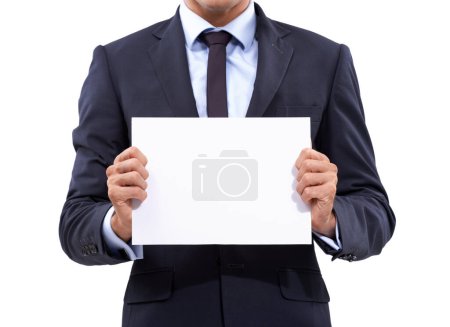 Foto de Su copia en buenas manos. Un joven empresario sosteniendo un cartel en blanco - Imagen libre de derechos