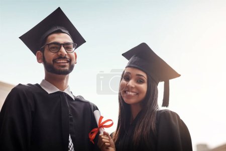 Photo for Students, graduation and portrait of a college or university couple with diploma outdoor. Happy man and woman excited to celebrate education achievement, success and future at school graduate event. - Royalty Free Image