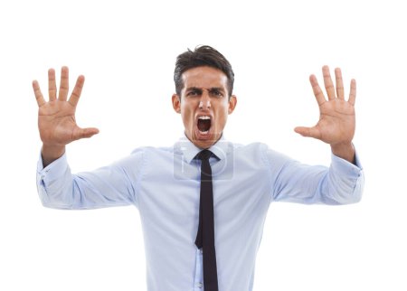 Photo for Hold your horses. Portrait of businessman shouting with both hands up in a stop gesture - Royalty Free Image