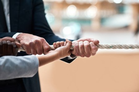 Photo for Hands, collaboration and rope with a business team pulling during a game of tug of war in the office. Teamwork, help and strength with a group of employees or colleagues holding onto an opportunity. - Royalty Free Image