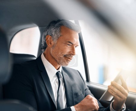 Photo for Business man, tablet and car for travel, journey or drive while online for communication. Professional male person with tech and internet connection for work with luxury transportation or a taxi. - Royalty Free Image