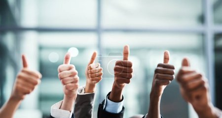 Photo for Winning, thumbs up and group of people thank you, support or teamwork hands for vote, yes or like emoji. Collaboration, target or winner women and men in business ok, diversity success or thanks sign. - Royalty Free Image