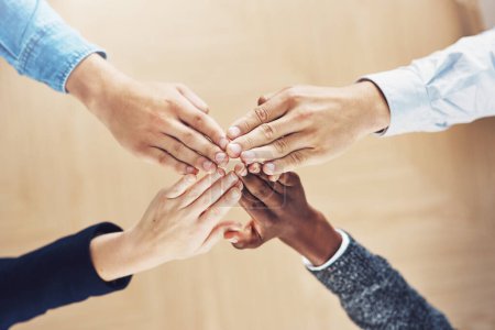 Photo for Teamwork, high five or hands of business people winning with support for faith, motivation or planning in office. Link, winners or above of employees in collaboration with hope or mission together. - Royalty Free Image